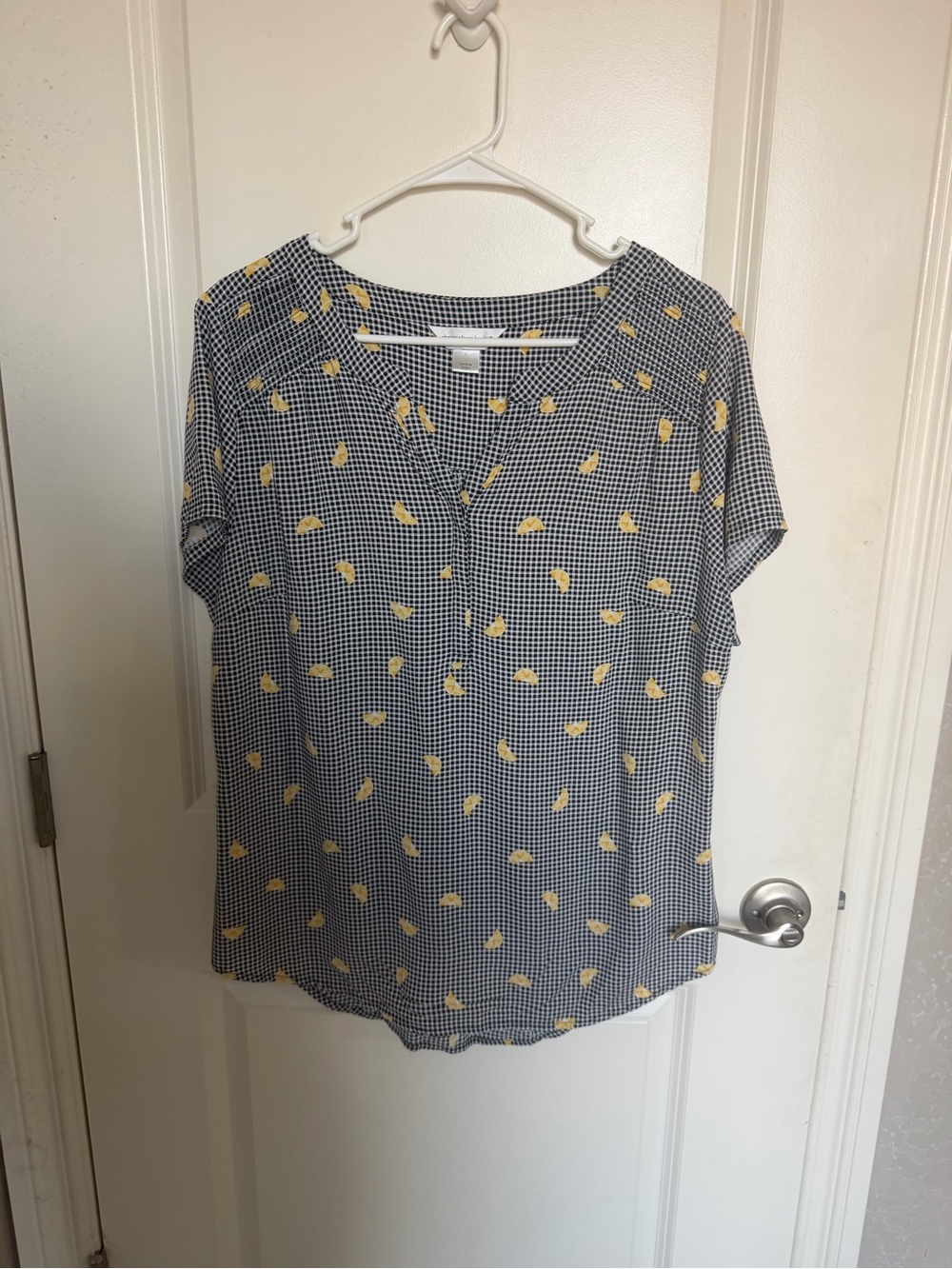 Christopher & Banks Black Gingham Blouse with Yellow Lemon Motif